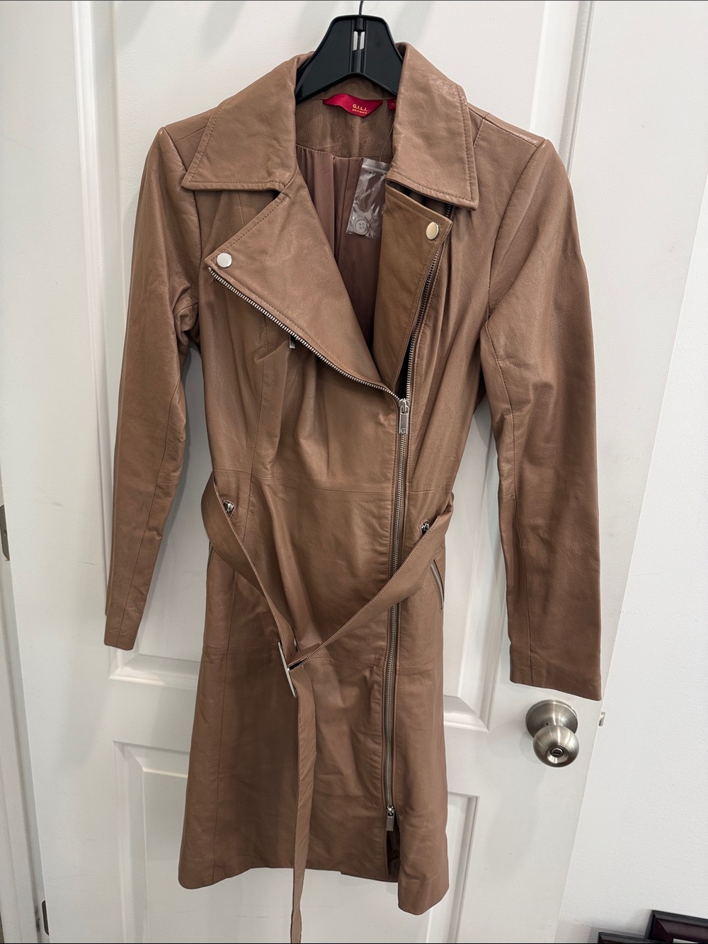 G.I.L.I. QVC Brown Leather Motorcycle Dress/Trench Coat -Latte